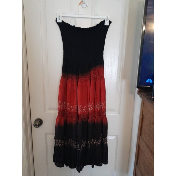 Vint. 70s Fashion Terminal  Small Strapless Boho Below Knee Black/ Red Dress.b57 - Picture 2 of 5